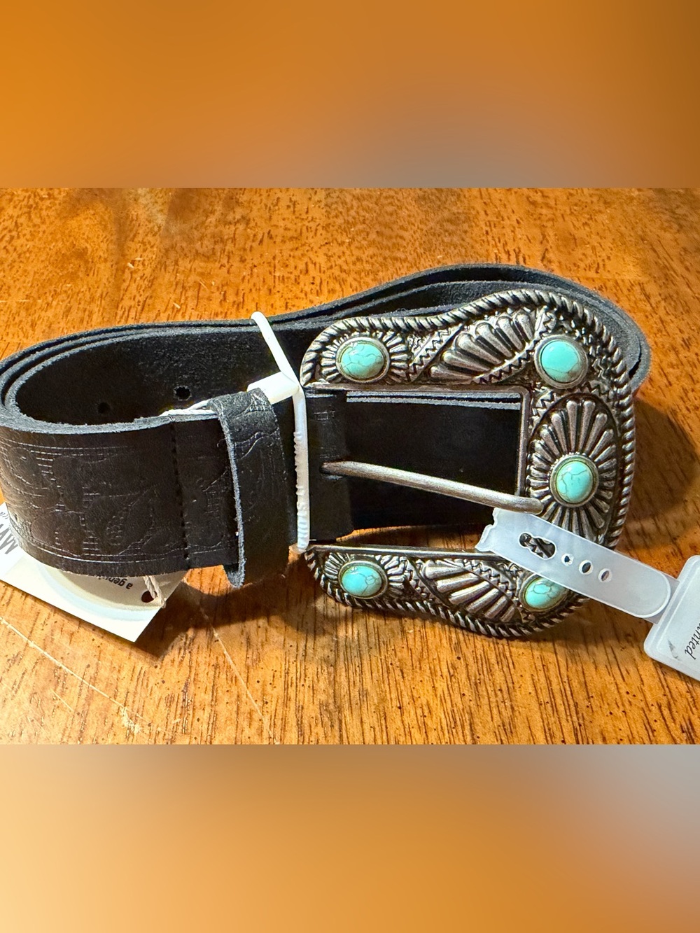 Most Wanted Black Leather Belt with Turquoise Stone Western Buckle NWT. X Large